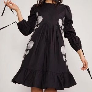 CYNTHIA ROWLEY - Kyoto Embroidered Dress Black/White Floral Long Sleeve XS